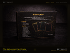 Card game box with text and card images on a dark background