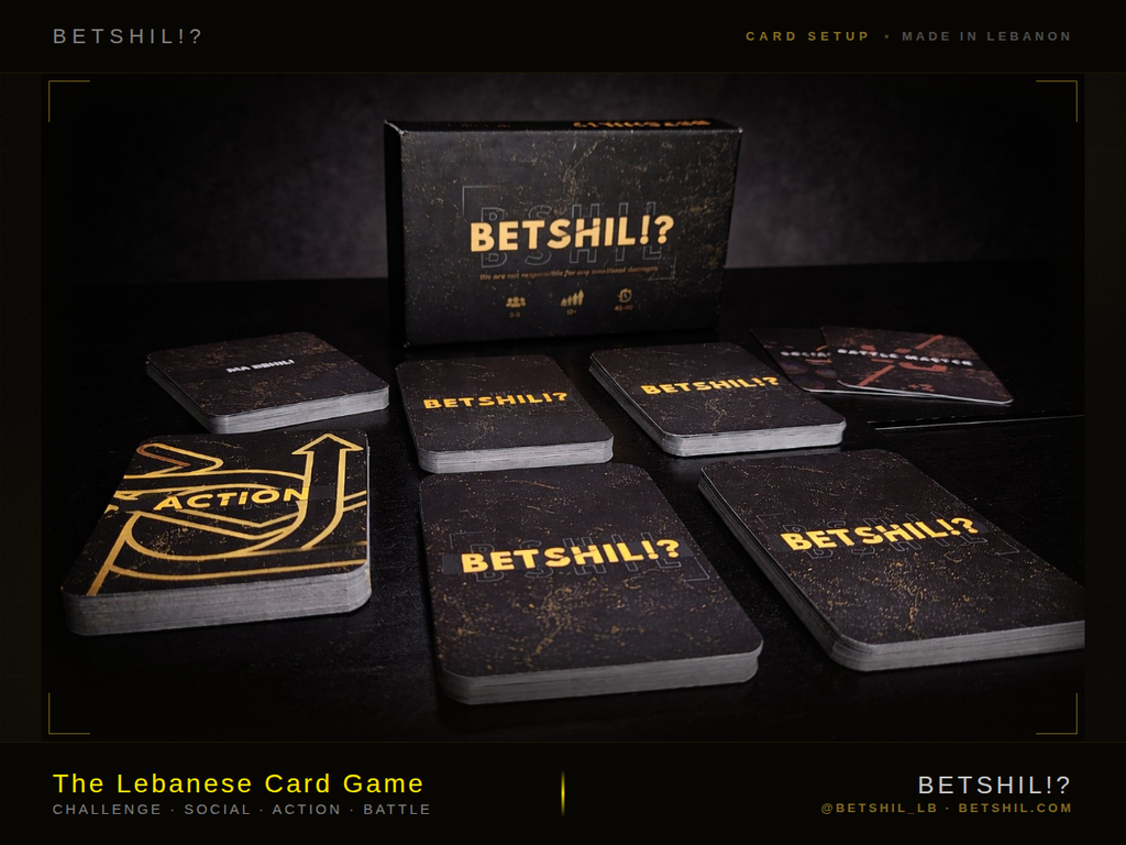BETSHILI? card game packaging with cards on a dark background