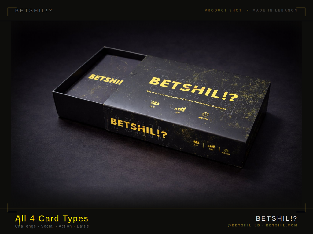 Betshil Lebanese Card Game Black packaging box with 'BETSHIL!' branding on a dark background
